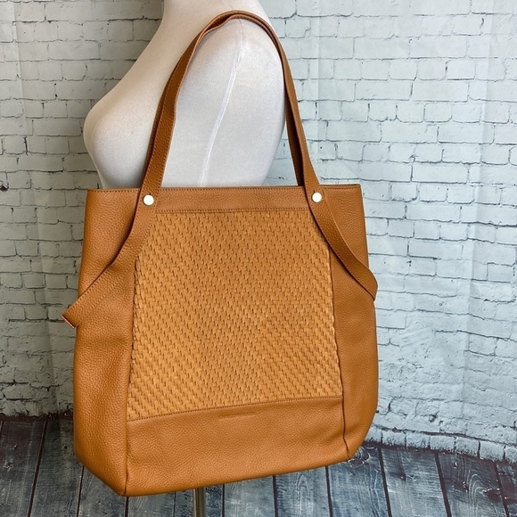 Christopher Kon Cognac Weaved Pebbled Leather Purse Over-The-Shoulder Bag Tote - Picture 3 of 16